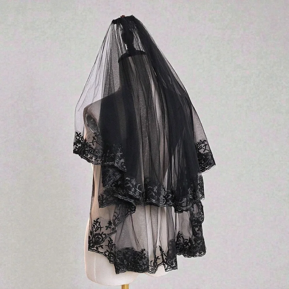 New Black Lace 2-tiered Veil 30 inch Wedding Goth Victorian Bridal Bride